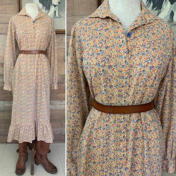 Vintage 1970’s Floral Prairie Dress Sz Medium Boho Ruffle Pockets Maxi Cottage - Picture 1 of 11